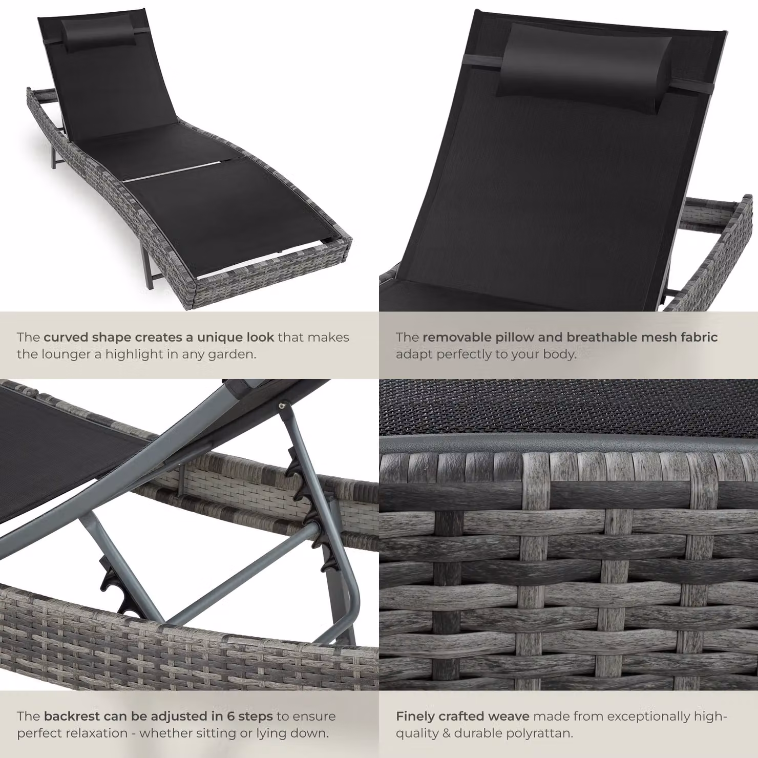 tectake Moana Sun Lounger in Grey with Adjustable Headrest and Textilene Fabric – 5