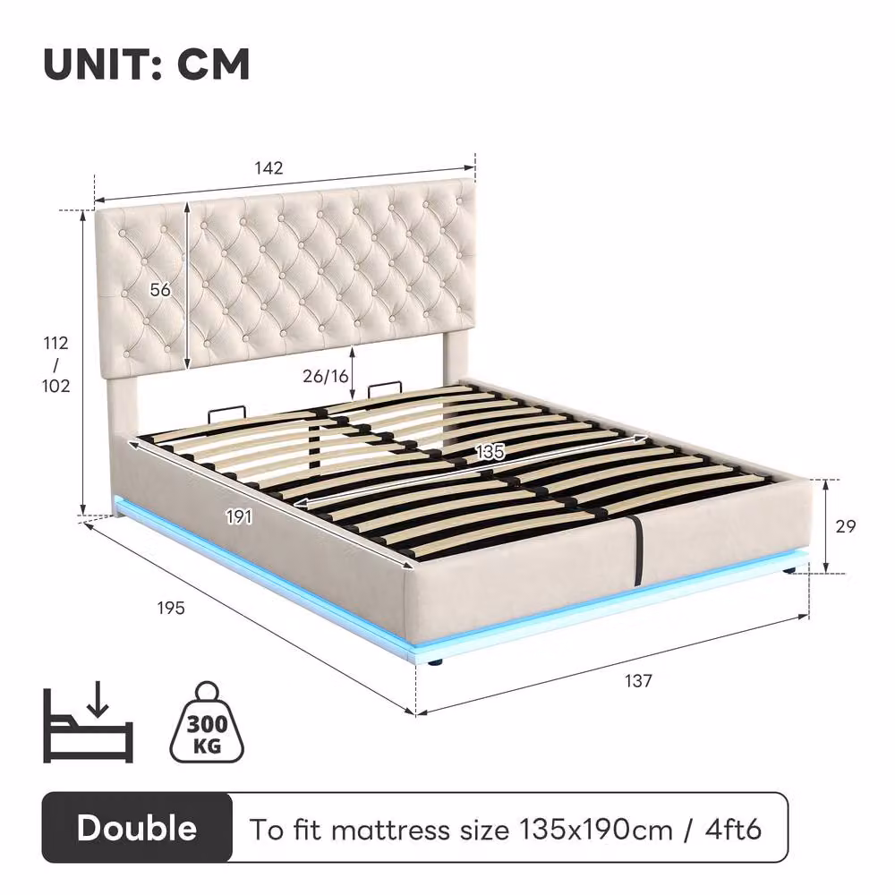 Rolipo Double Ottoman Bed with Hydraulic Storage, Velvet Upholstered Frame and LED Under-bed Lighting, Beige, W: 140 cm, L: 200 cm – 6