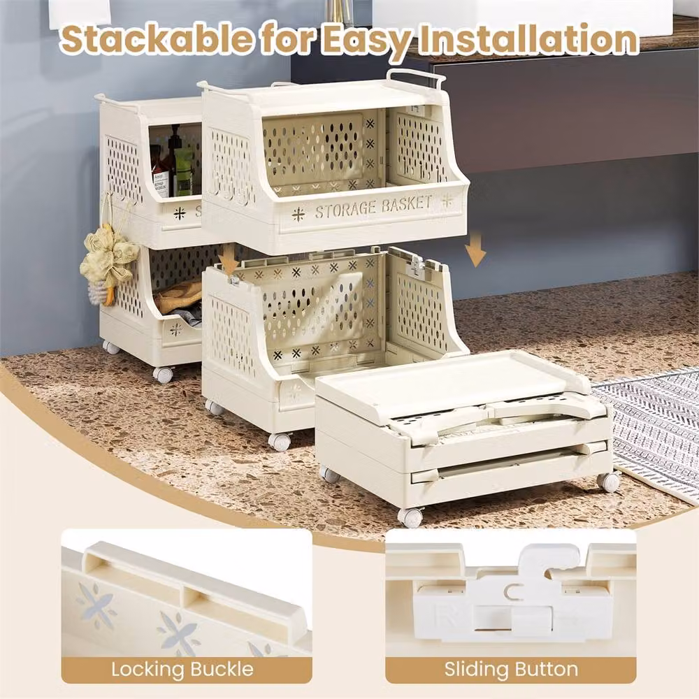 Kelvenix Stackable Plastic Rolling Laundry Basket Storage Cart with Wheels and Handles, Beige – 2