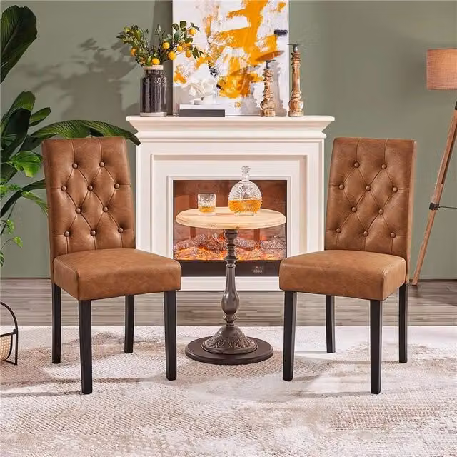 KORVIXA Set of 2 Retro Brown Faux Leather and Rubberwood Dining Chairs – 1