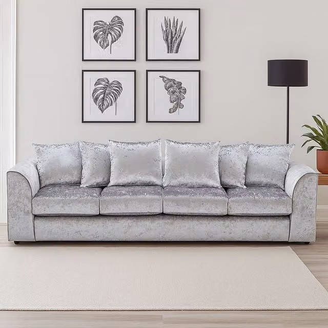 Furnishings For Less UK Silver Crystal Crushed Velvet 4 Seater Curved Arm Sofa with Scatter Cushions – 1