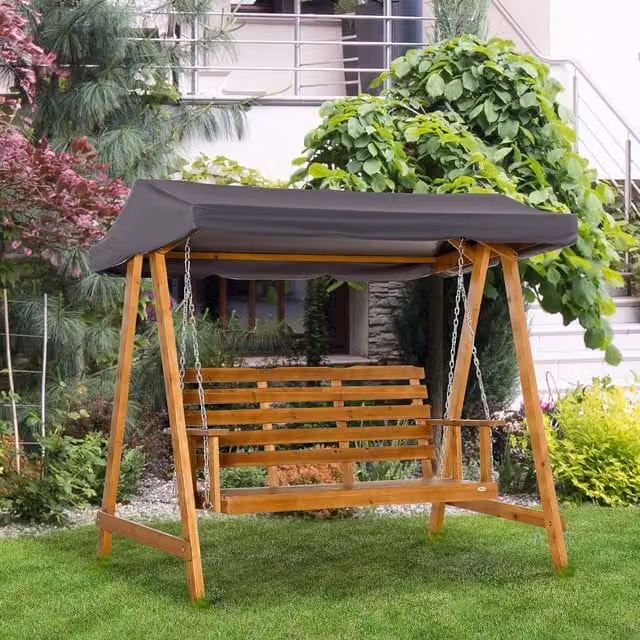 Outsunny 3 Seater Wooden Garden Swing Bench with Sun Canopy in Brown and Grey