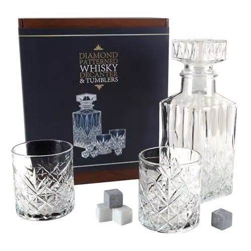 Kimm and Miller Whisky Gift Set with 900ml Geometric Glass Decanter, Glasses and Whisky Stones in Clear – 5