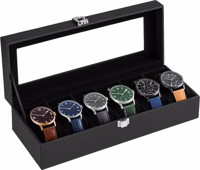 Innoteck Black Leather Watch Display Box with Glass Lid for 6 Watches