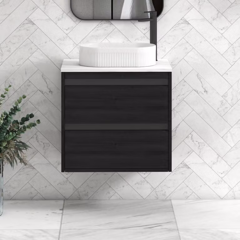 Royal Bathrooms Orion 600mm Hale Wall Hung Vanity Unit with Lyon Basin, Black and Carrara White
