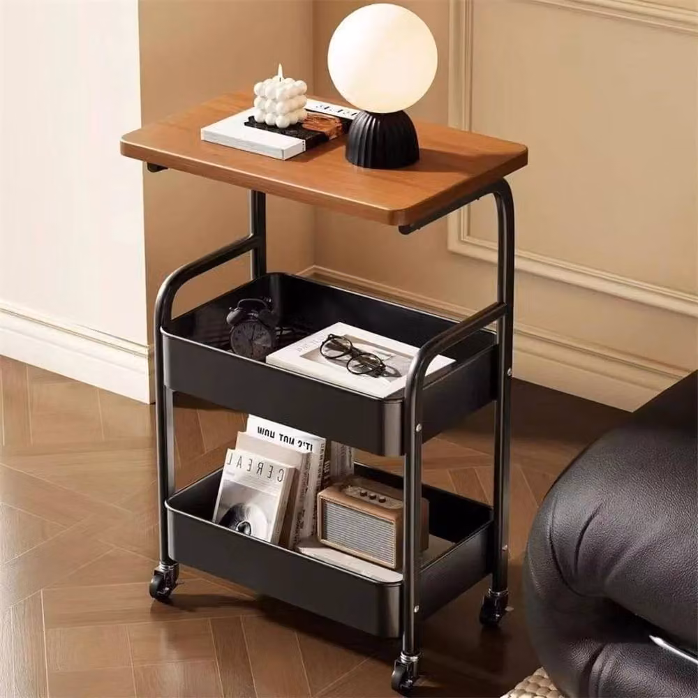 VOGREX 3-Tier Rolling Utility Cart with Wood Tabletop in Multicolour – 4