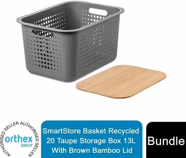 SmartStore 13L Grey Open Weave Storage Basket with Brown Bamboo Lid