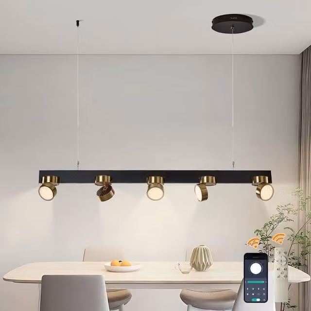 Garwarm 5 Light Modern Linear LED Kitchen Island Pendant in Black and Gold/Brass