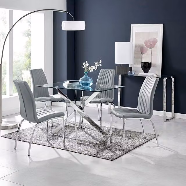 FurnitureboxUK Leonardo Dining Table and Four Isco Chairs Set in Grey and Transparent Glass