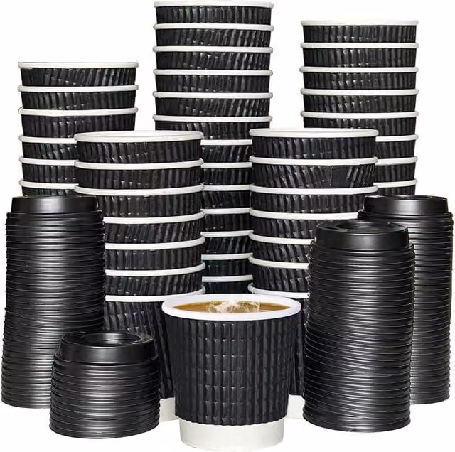ECONX 200 x 4oz Black Triple Layer Ripple Disposable Kraft Paper Coffee Cups with Lids