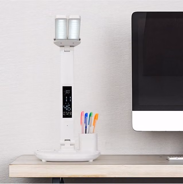 Living and Home Adjustable Dual-head LED Desk Lamp with LED Display in White – 1