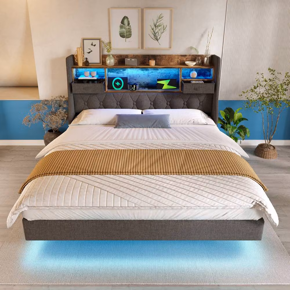 Merax Grey Upholstered Double Bed Frame with LED Lighting, USB Charging Ports and Storage Compartments, 140 x 200 cm – 6