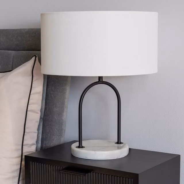 Rachel Arch Marble Base Table Lamp with Linen Shade in Black