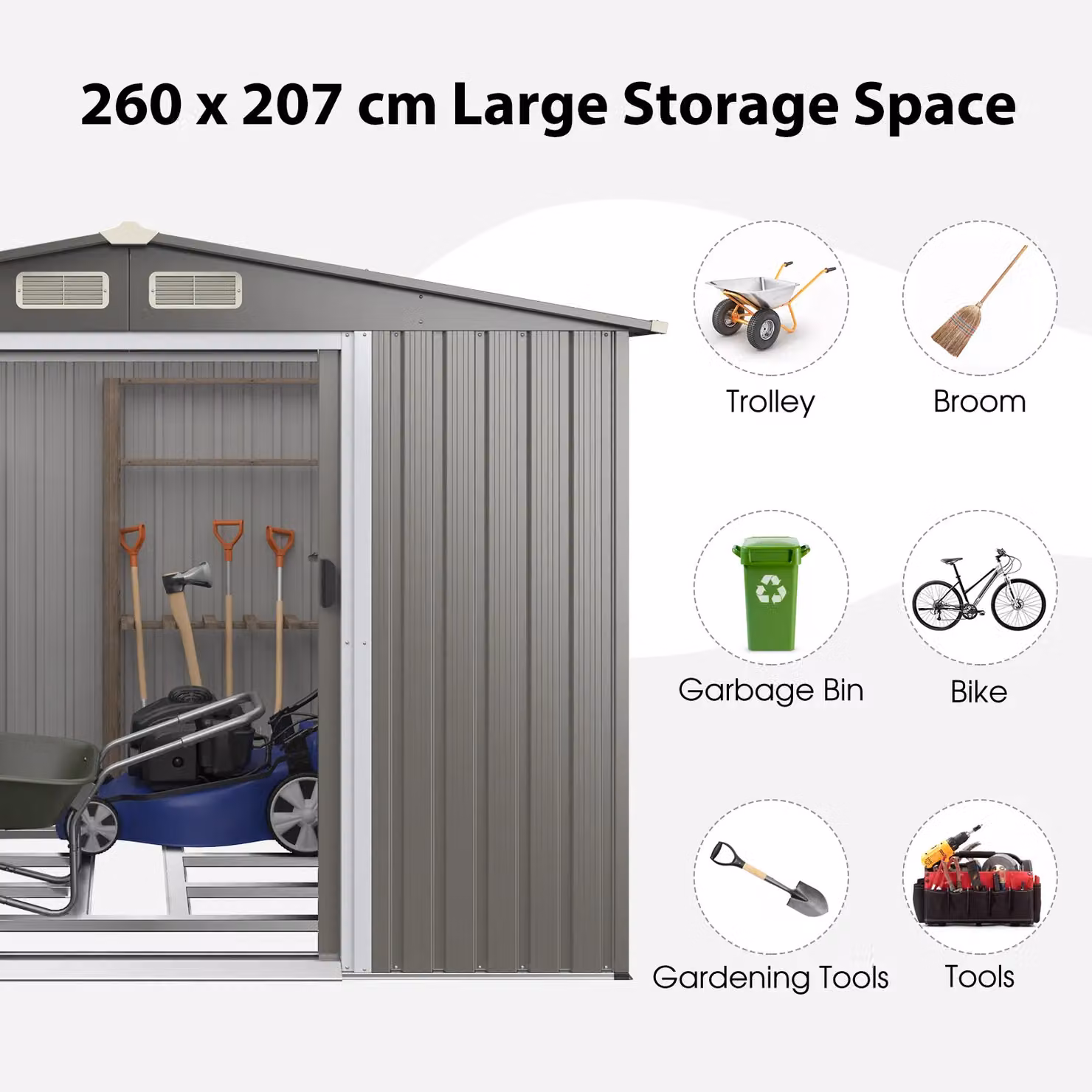 Gymax Galvanised Steel Tool Shed with Foundation and Double Doors, Beige, W: 260 cm, H: 180 cm – 4