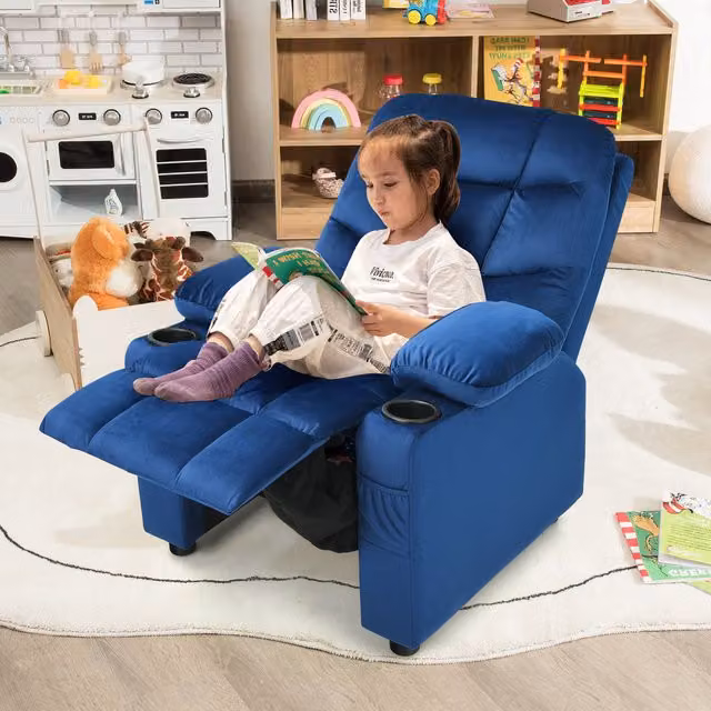 Costway Blue Velvet Kids Recliner Chair with Armrests