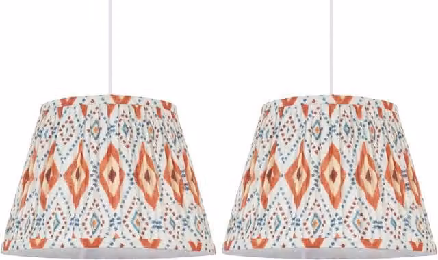 First Choice Lighting Set of 2 Ikat Orange Multicolour Fabric Easy Fit Round Pendant or Table Lampshades, Diameter: 30 cm