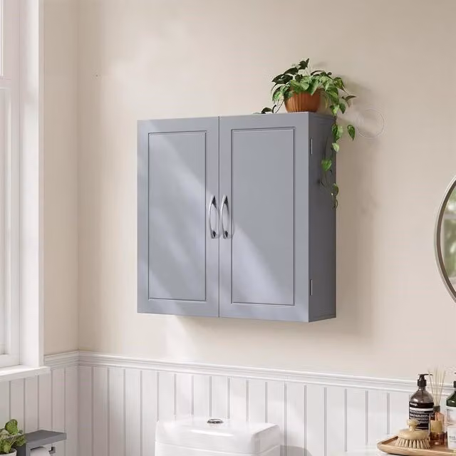 VASAGLE Wall Mounted Grey Bathroom Cabinet with Hinged Doors and Internal Shelves