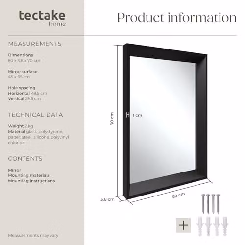 tectake Rectangular Minimalist Wall Mirror in Black, W: 50 cm, H: 70 cm – 6