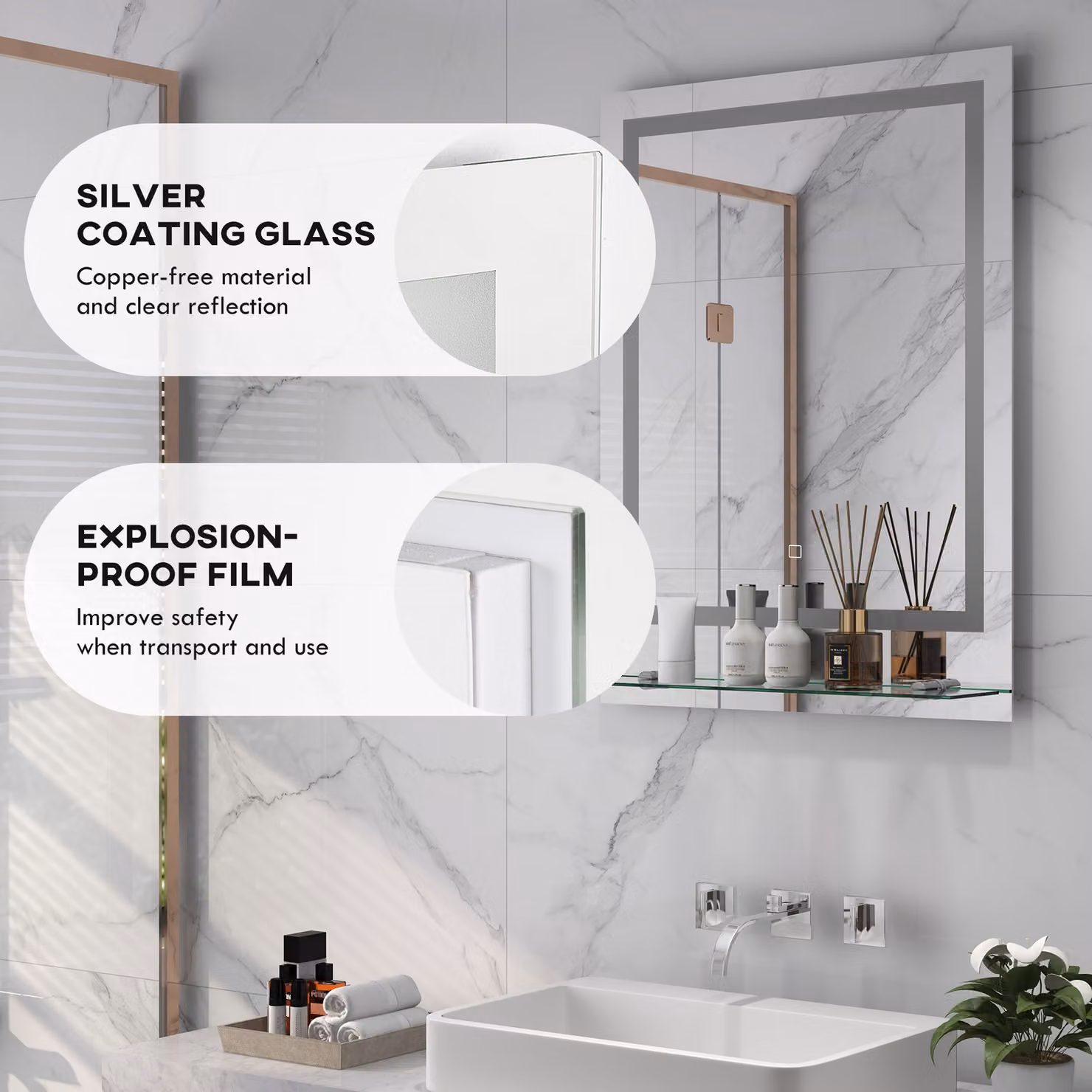 kleankin Illuminated LED Vanity Mirror with Smart Touch Anti-Fog Function and Shelf, 3 Colour Settings, W: 70 cm, H: 50 cm – 5
