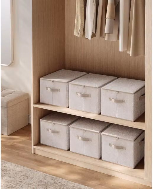 SONGMICS Set of 6 Foldable Storage Bins with Lids and Handles, Beige
