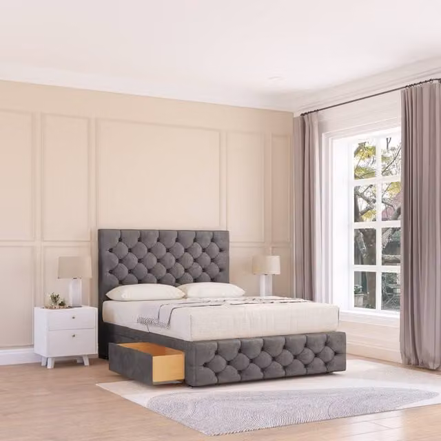 Sloomy Chesterfield Upholstered Divan Bed Frame with Headboard in Grey, W/D/H: 120 x 200 cm
