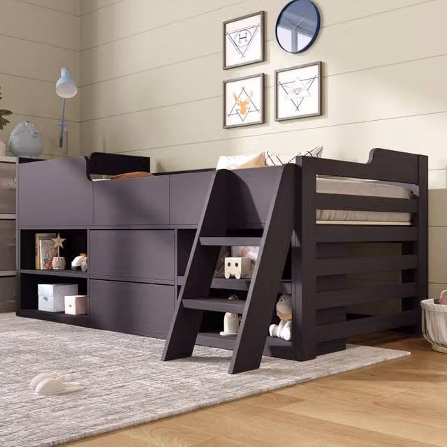 ModernLuxe Cabin Mid-Height Single Bed for Children in Taupe with Storage Drawers and Bedside Shelf – 1