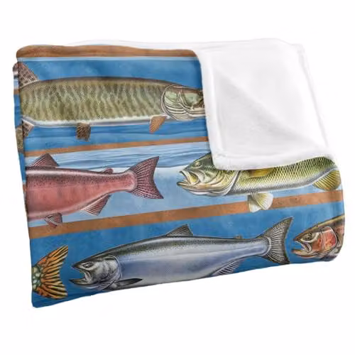 JQ Licensing Freshwater Gamefish Fishing Pattern Super Soft Fleece Throw Blanket, White, W/D: 152 x 127 cm – 2