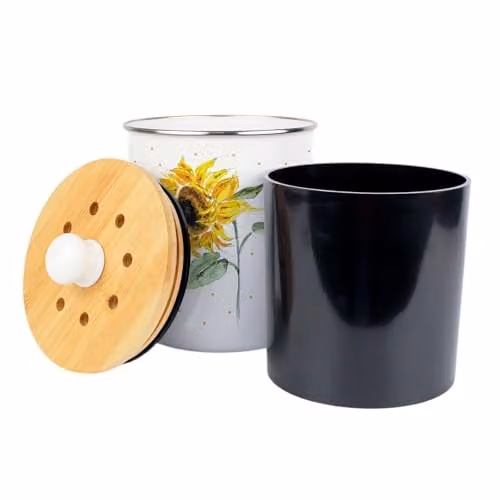 Purely Home Painted Sunflower Food Waste Caddy, Yellow and White Metal Compost Bin with Removable Inner Bucket and Odour Filter, 2L – 2