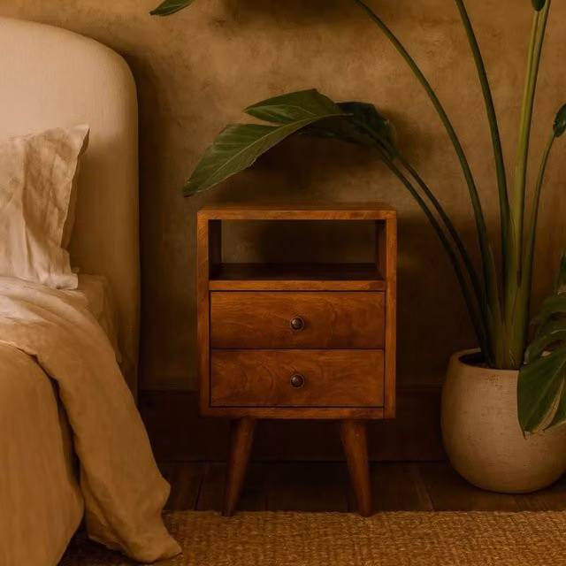 Wyld Haus Olbia Mini Classic Chestnut Mango Wood Bedside Table with 2 Drawers in Brown