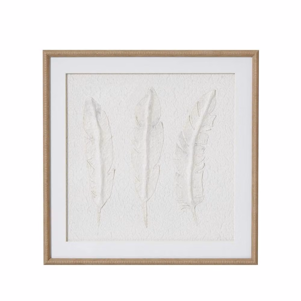 Wyld Haus Les Vans White 3 Feathers Framed Art in Brown, W: 50 cm x H: 50 cm – 3