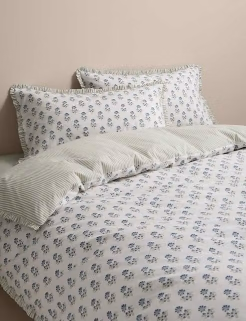 M&S Pure Cotton Floral Ruffle Bedding Set, Green Mix, W: 180 cm, L: 200 cm