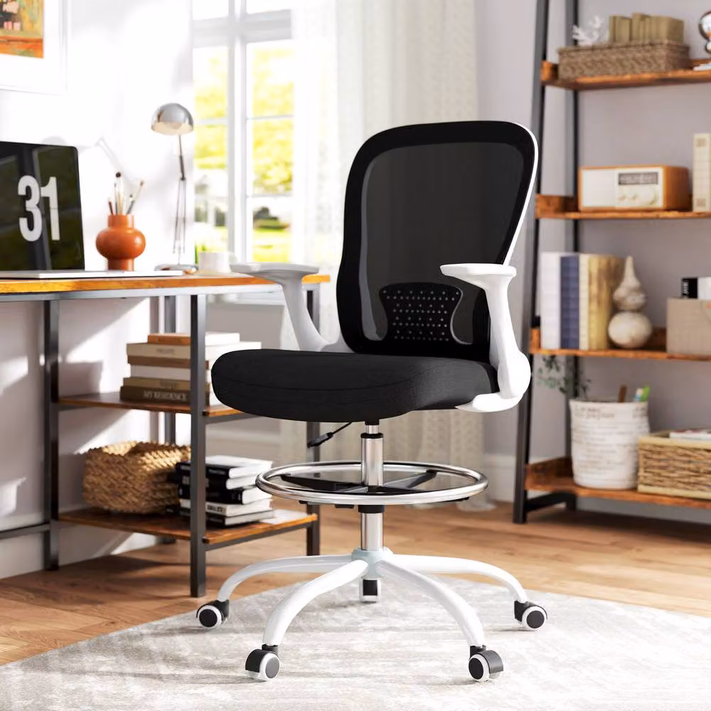 STILVORA Black Draughtsman Chair with Flip-up Armrests, Foot Ring and 360 Degree Swivel – 2