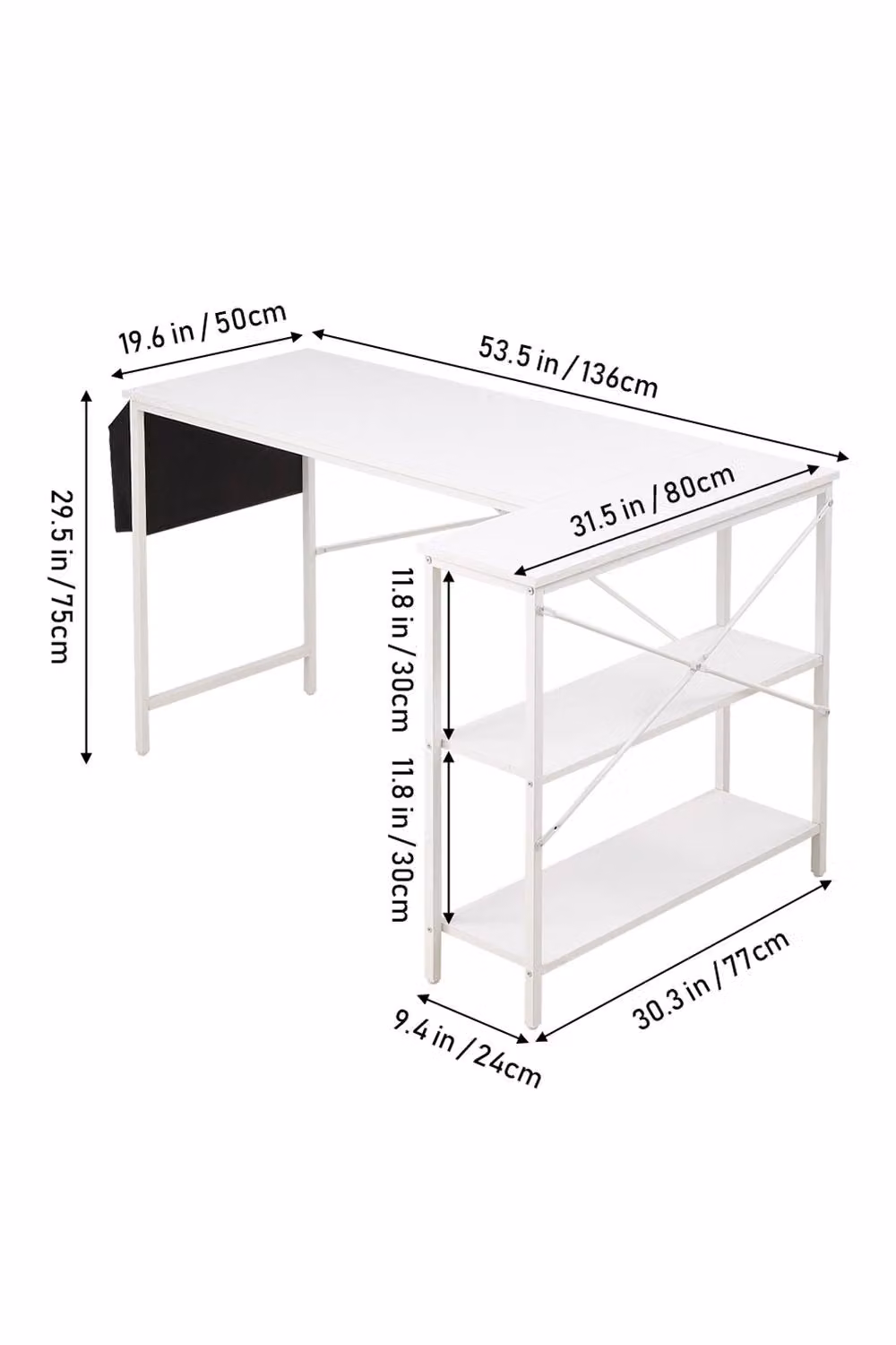 H&O Direct White L-Shaped Corner Office Desk with Hanging Storage Bag and Shelves – 3