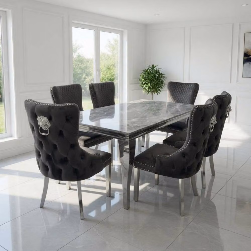 HOME LUXE INTERIOR Sofia Grey Marble Rectangular Dining Table and 6 Victoria Grey Silver Chairs – 4
