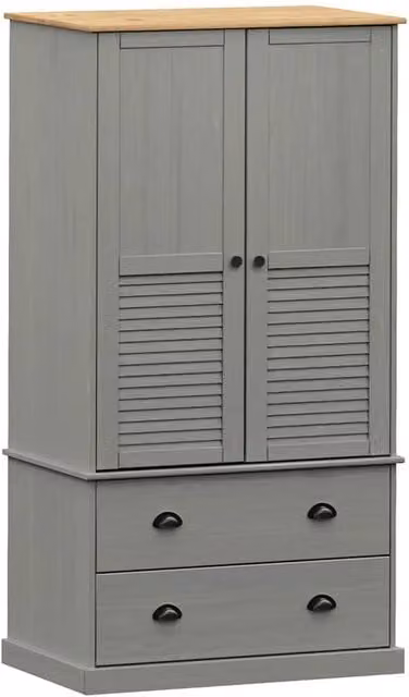 Berkfield Home VIGO Grey Solid Wood Pine Wardrobe with Hinged Doors and Internal Drawers, W/D/H: 90 x 55 x 176 cm