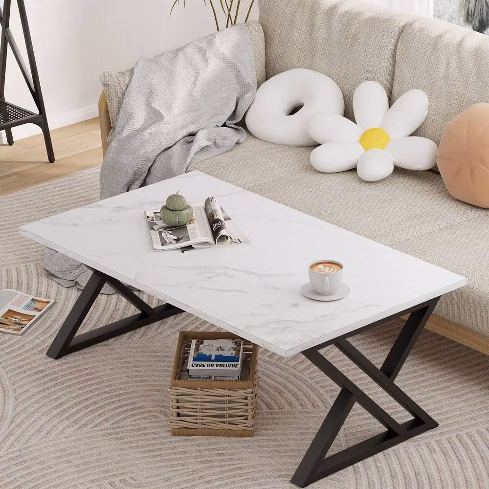 Huhote Rectangular Coffee Table with Metal Frame and Composite Top in White and Multicolour – 2