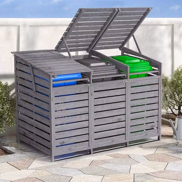 NESTLUNE Triple Wooden Wheelie Bin Storage Cover in Grey, W: 100 cm, D: 15 cm
