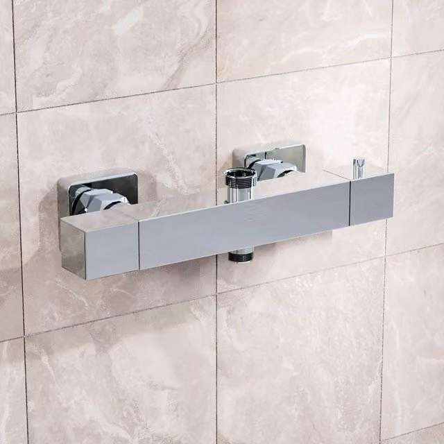 Nes Home Square Modern Chrome Exposed Thermostatic Shower Mixer Bar Valve in Silver