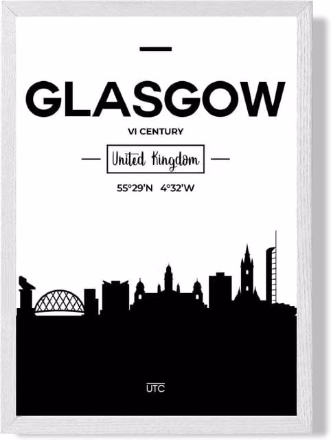 ARTZE Glasgow Black and White City Skyline Framed Print with White Frame, A2