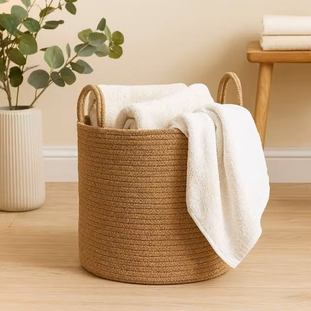 Voltico Cotton Rope Woven Storage Basket with Handles in Brown, Diameter: 30 cm
