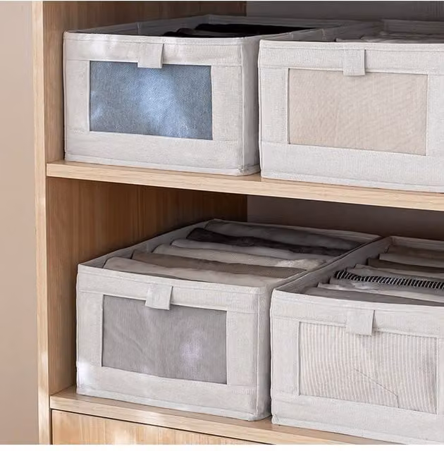 Livingandhome Foldable Fabric Clothes and Jeans Storage Box Organizer in Beige, W: 30 cm, D: 40 cm, H: 20.5 cm – 1