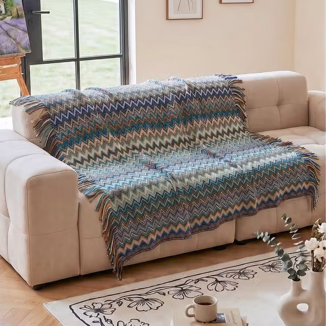 Livingandhome Blue and Multicolour Striped Boho Knitted Throw Blanket with Fringes