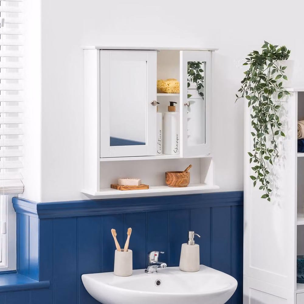 Christow White Lacquered Wooden Double Bathroom Mirrored Cabinet with Hinged Doors and Open Shelf, W/D/H: 58 x 13 x 56 cm – 2
