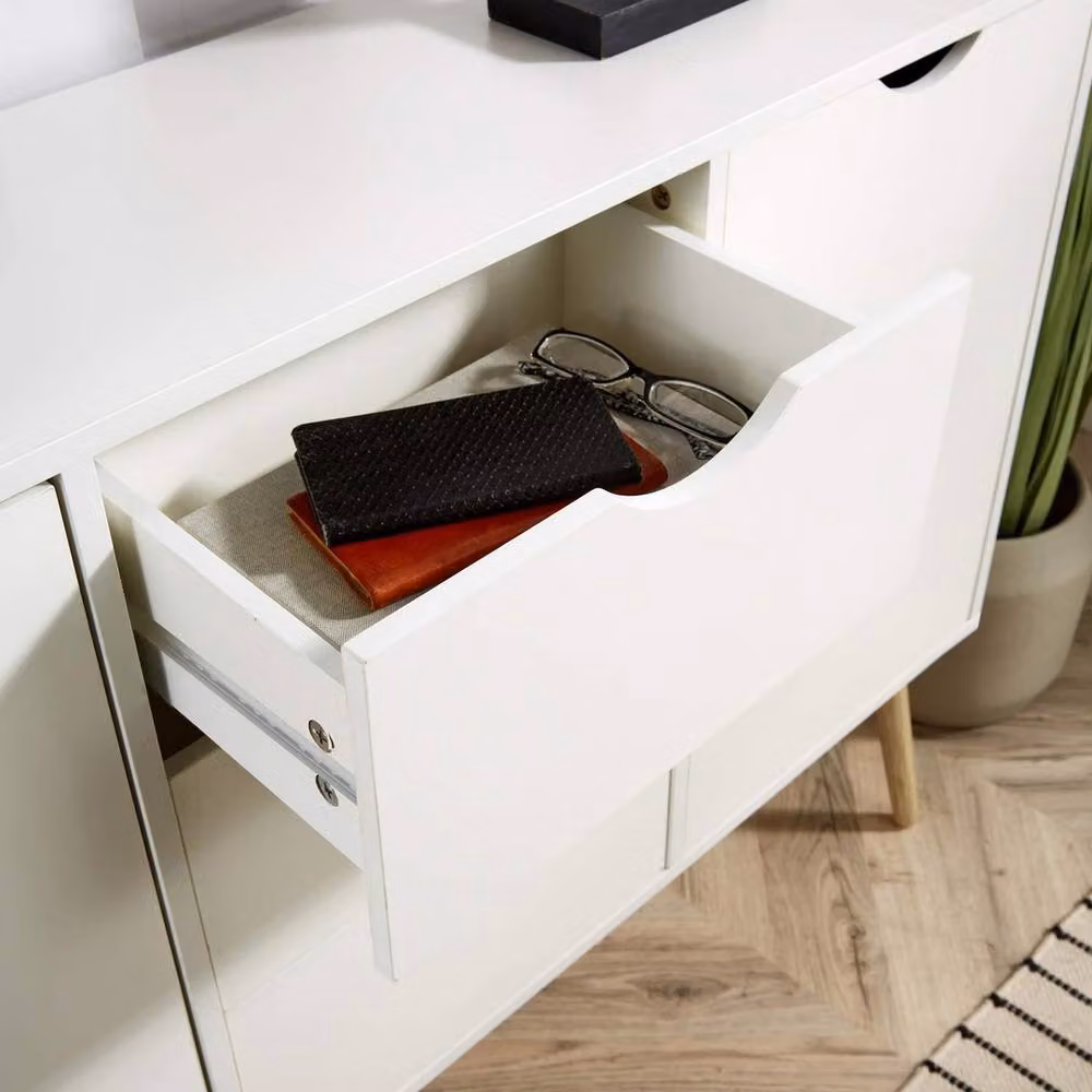 FORGEVIO Modern White Sideboard Storage Cabinet with 2 Doors, 3 Drawers and Wood Legs – 3