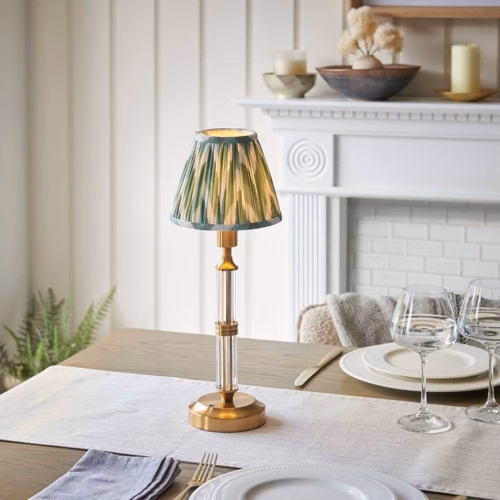 Netlighting Morton Rechargeable LED Table Lamp with Green Fabric Shade and Brass Base – 2