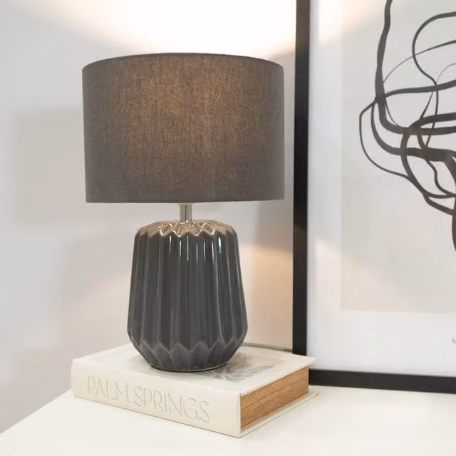 ValueLights Zak Pair of Grey Pleated Textured Ceramic Table Lamps with Fabric Shades and LED Bulbs H 38 cm x W 25 cm