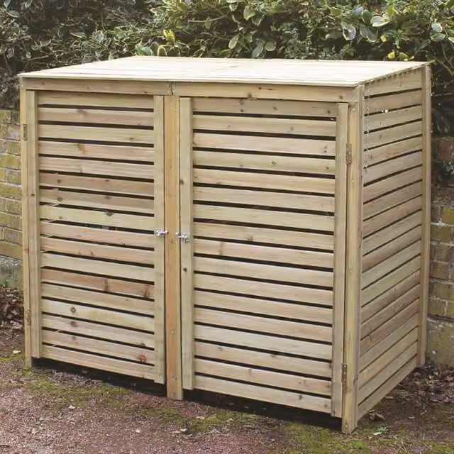 Samuel Alexander Large Rustic Wooden Double Wheelie Bin Store in Brown