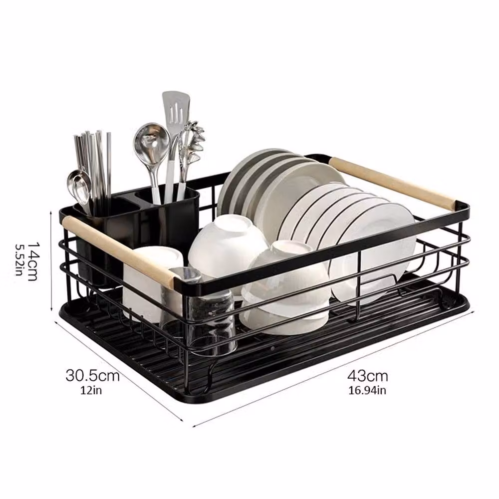Nordara Black Coated Steel Dish Drainer Rack with Cup and Cutlery Holder, W/D: 100 x 100 cm – 2