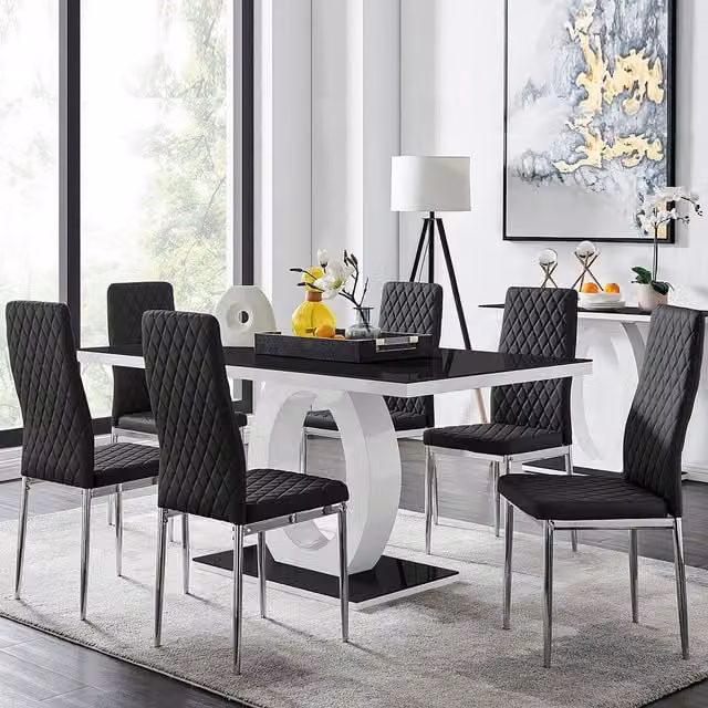 FurnitureboxUK Giovani Rectangular Dining Table and 6 Milan Chairs Set in White High Gloss and Black Glass