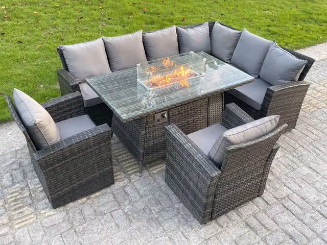 Fimous 8 Seater Rattan Corner Sofa Set with Gas Fire Pit Dining Table and Armchairs in Dark Grey